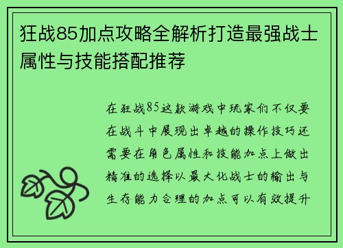 狂战85加点攻略全解析打造最强战士属性与技能搭配推荐